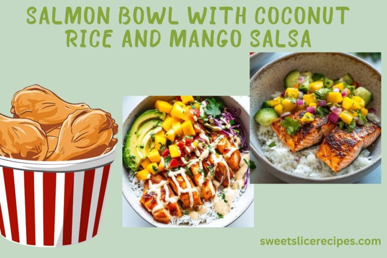 salmon bowl with coconut rice and mango salsa