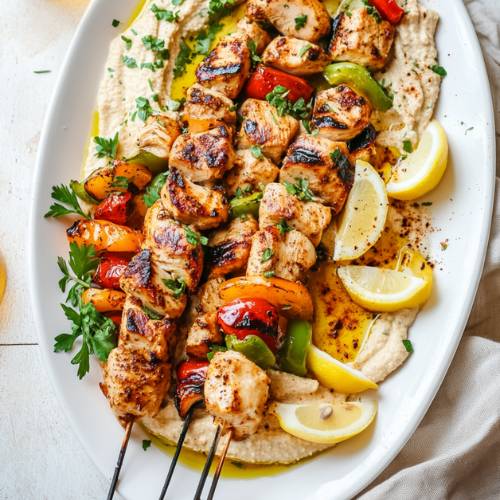 Chicken Shawarma Skewers with Tzatziki and Warm Pita