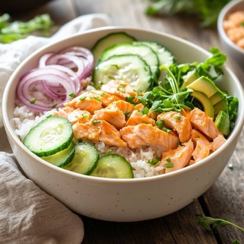 Crispy Rice Salmon Salad with Creamy Honey Ginger Dressing