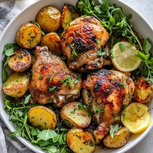 One Pan Mediterranean Roasted Chicken and Lemony Potatoes