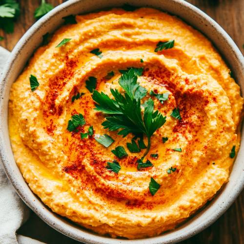 Roasted Carrot Feta Dip with Crushed Pistachios and Microgreens