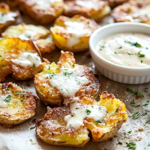 Crispy Garlic Parmesan Smashed Potatoes with Tomato-Garlic Aioli Dipping Sauce