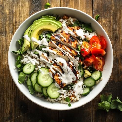 Crispy Rice Southwest Chicken Salad with Creamy Avocado-Cilantro Lime Dressing